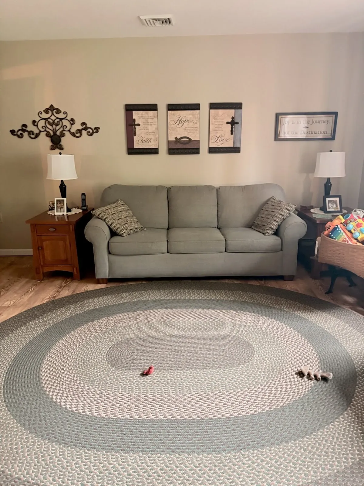Tidy living room with light gray sofa and braided rug after a residential cleaning